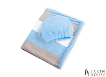 Купить Плед вязаный Малыш полоса голубая+шапочка 210880