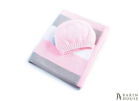 Купить                                            Плед вязаный Малыш полоса розовая+шапочка 210779