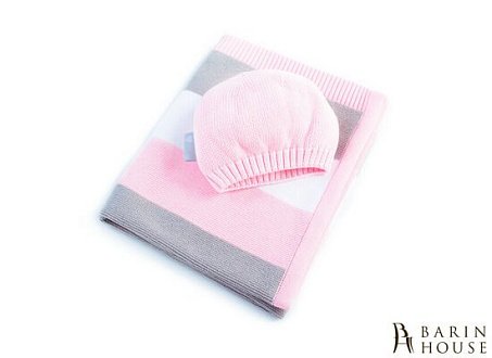 Купить                                            Плед вязаный Малыш полоса розовая+шапочка 210778